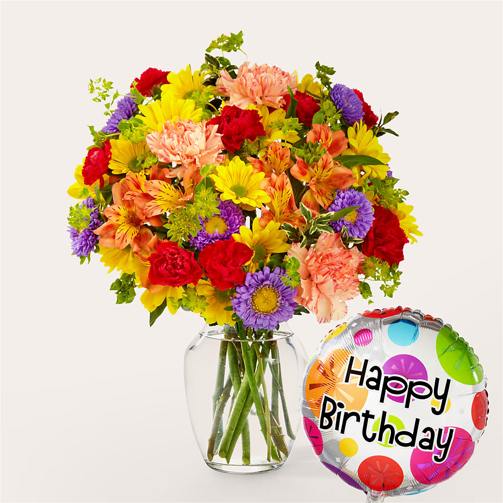 Kaleidoscope Bouquet with Birthday Balloon – EDDY'S FLOWERS, Norwalk CA
