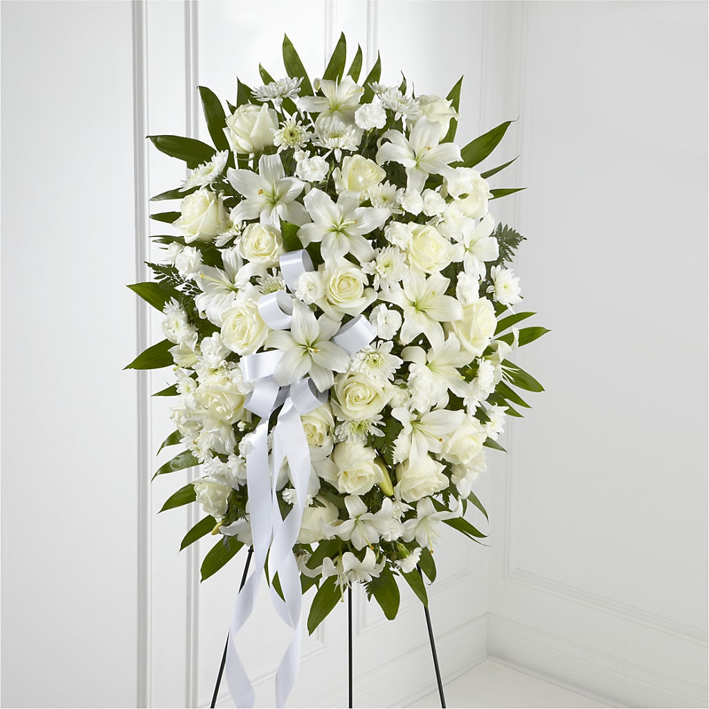 Exquisite Tribute Standing Spray-White Ribbon – EDDY'S FLOWERS, Norwalk CA