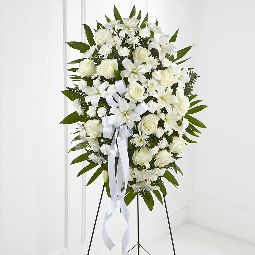 Exquisite Tribute Standing Spray-White Ribbon – EDDY'S FLOWERS, Norwalk CA